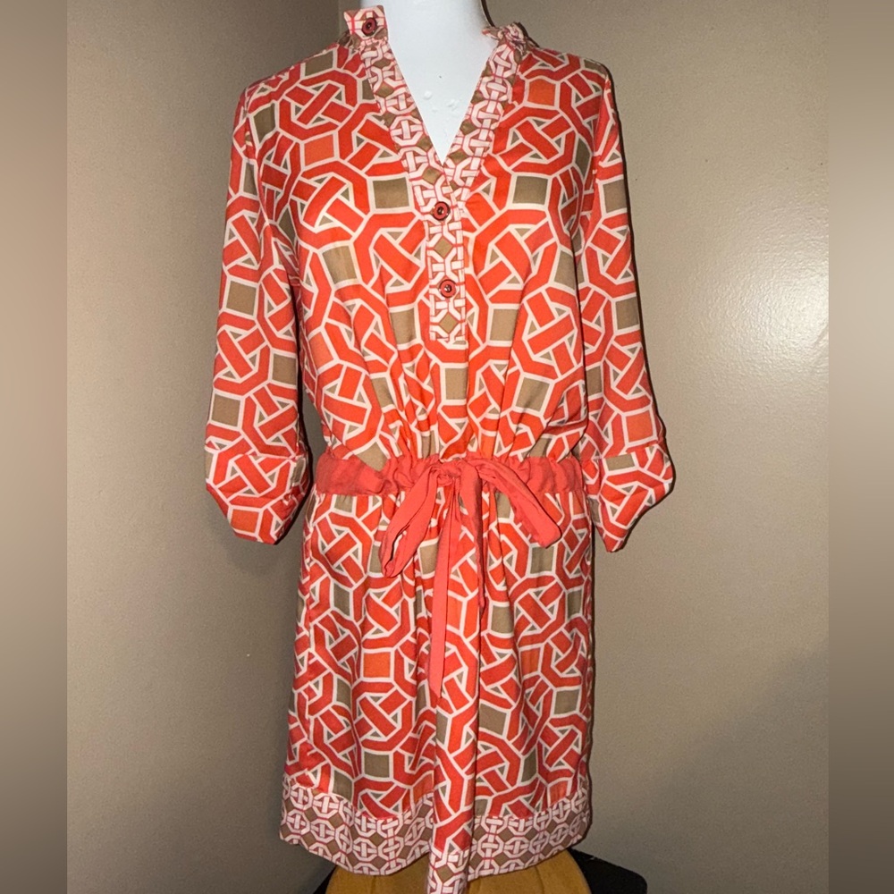 New York & Company Orange Geometric Long Sleeve Dress